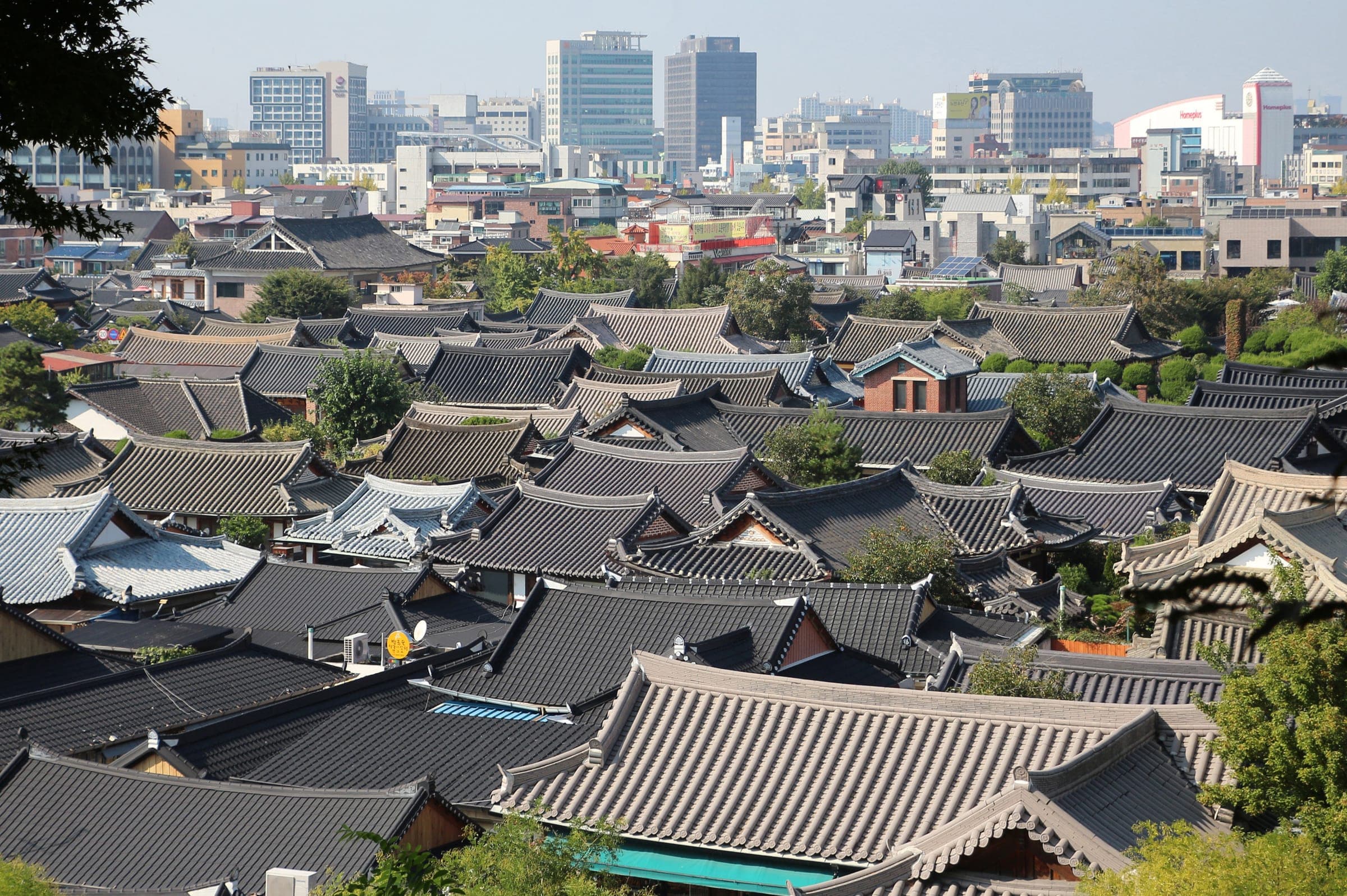 Tiled roofs of traditional hanok houses in Jeonju Hanok Village with city buildings behind
