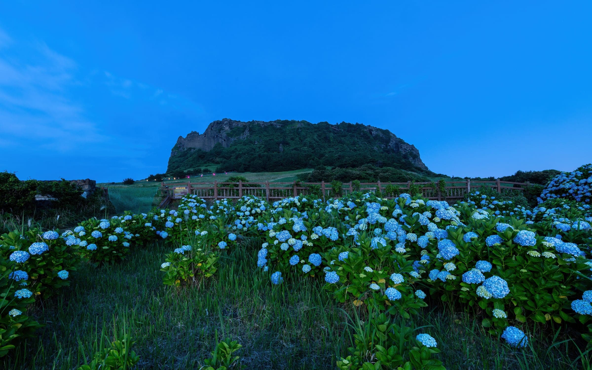 Seongsan Ilchulbong volcanic crater rising from the coast of Jeju at dusk