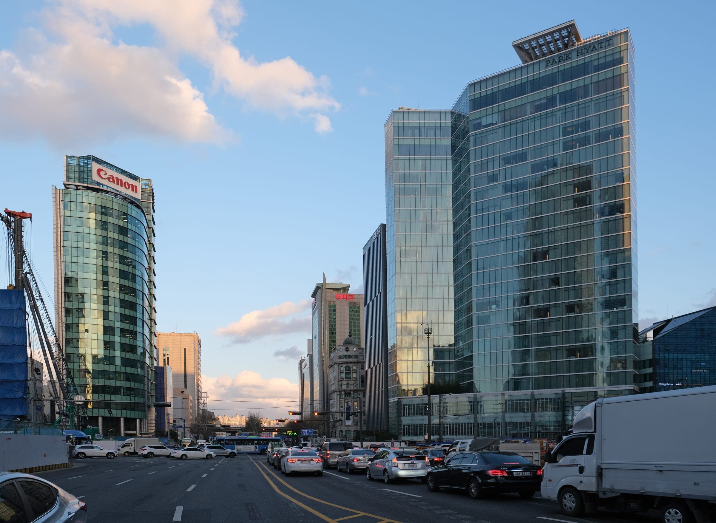 Glass office towers along Teheran-ro in Gangnam at dusk